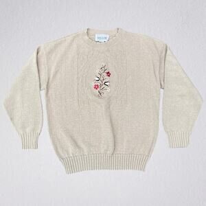 Vintage 90s beige floral embroidered crew neck sweater, cottagecore boho chic